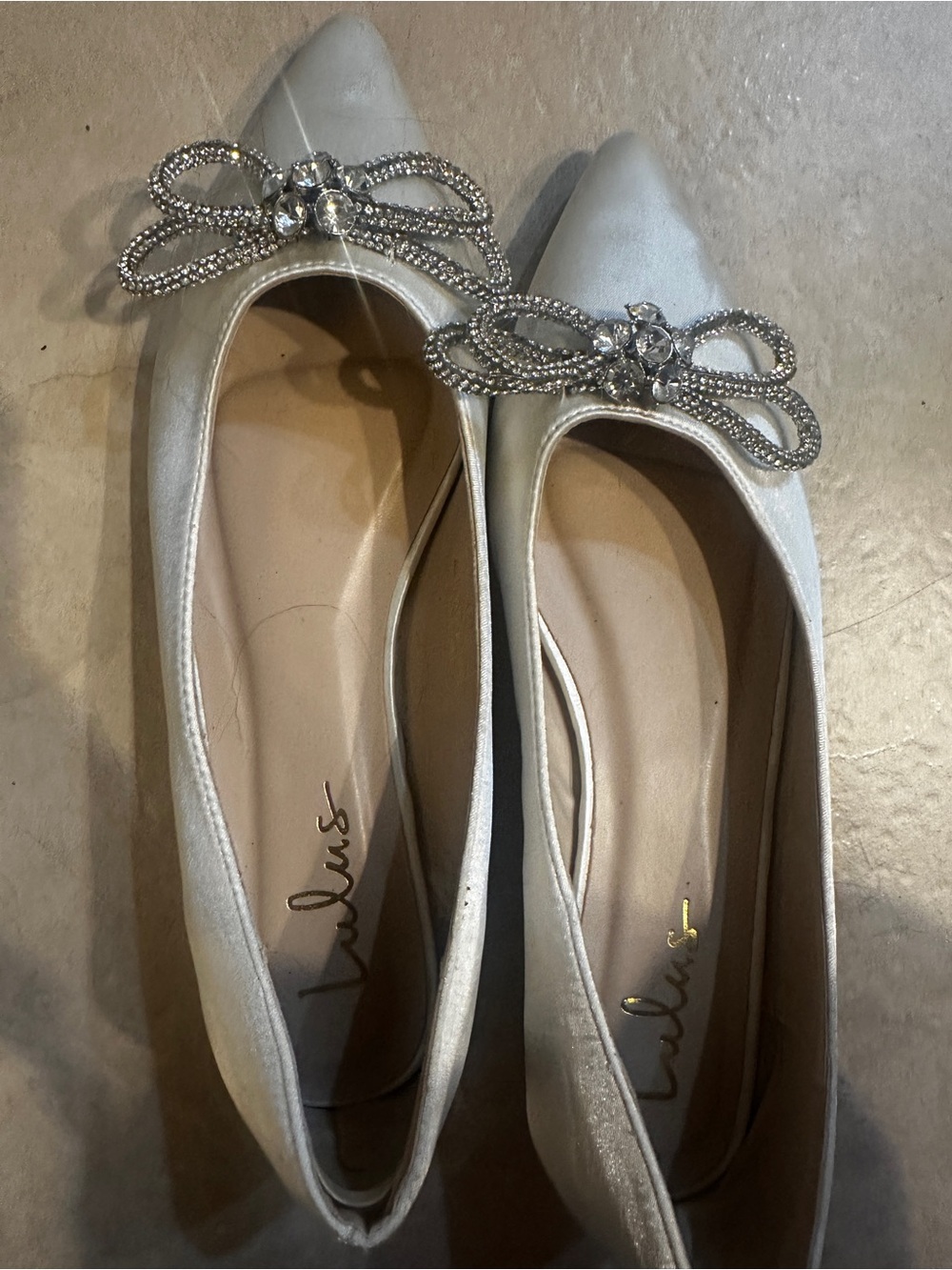 Lulu's Silver Pointed Toe Flats with Rhinestone Bow